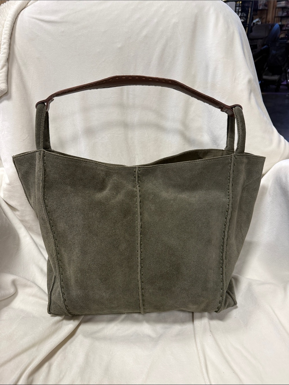 The Sak Los Feliz large Olive Suede Tote Bag with Brown Leather Handle